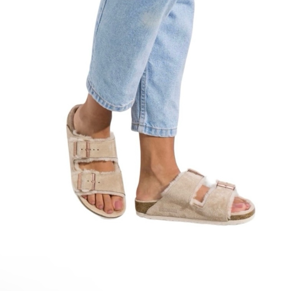 Birkenstock Light Rose taupe Arizona Shearling Suede Leather Slip-On Sandals